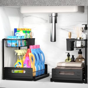 SPACEKEEPER Organizador para debajo del fregadero, 2 niveles deslizantes debajo del fregadero del baño, organizador de gabinete extraíble de SPACEKEEPER Organizador para debajo del fregadero, 2 niveles deslizantes debajo del fregadero del baño, organizador de gabinete extraíble de