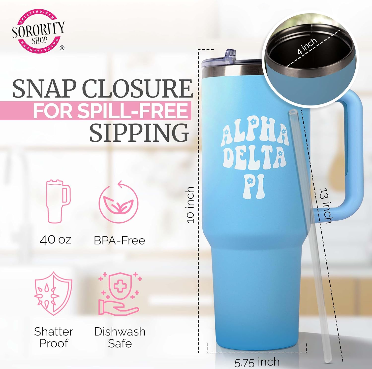 Sorority Shop Alpha Gamma Delta – Vaso con asa de 40 onzas, para mejor amiga, bonito vaso grabado de hermandad, vasos aislados para mantener tus