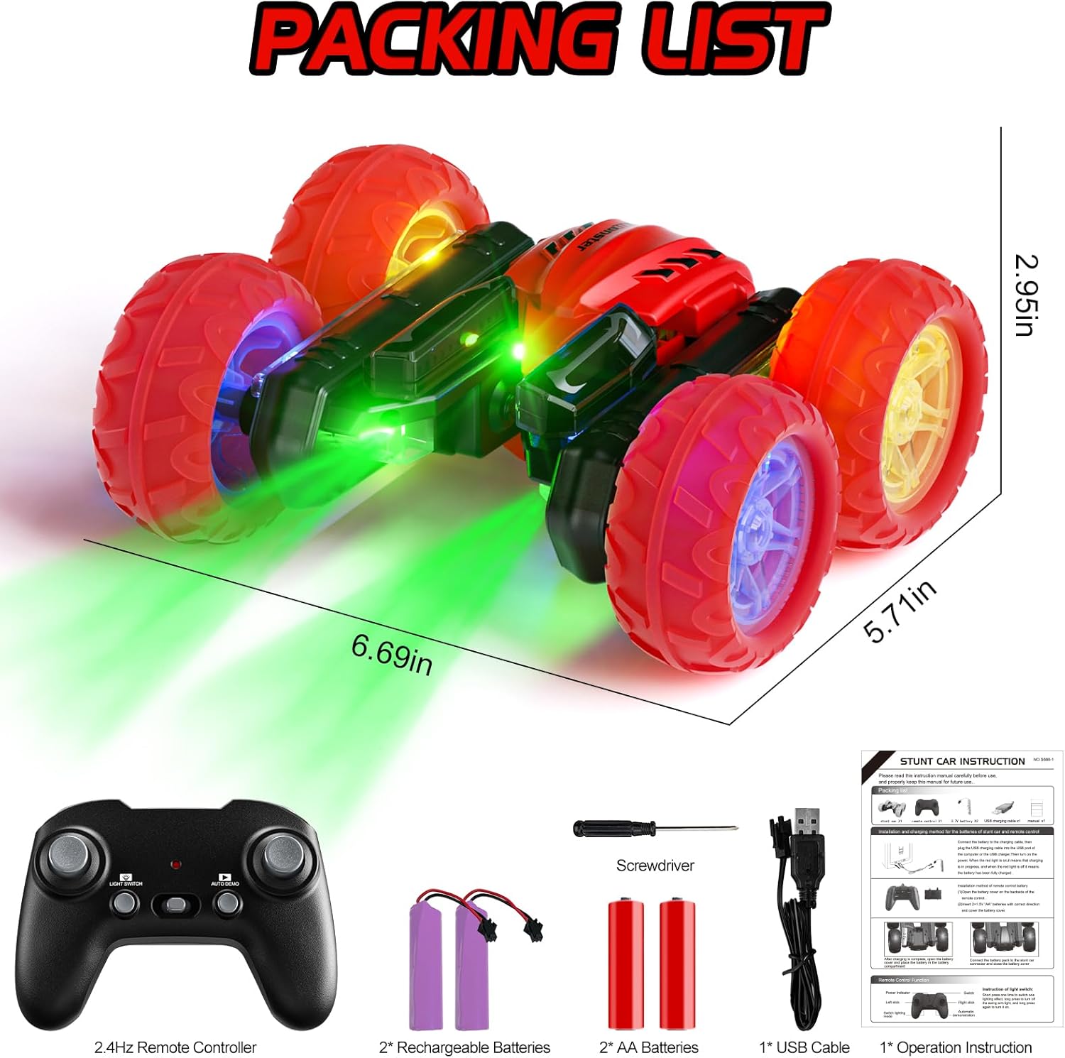 Coche de control remoto, auto de carreras RC giratorio de 360 con luz para la rueda de los faros, rollo de doble cara de 2.4Ghz 4WD Rock Crawler,
