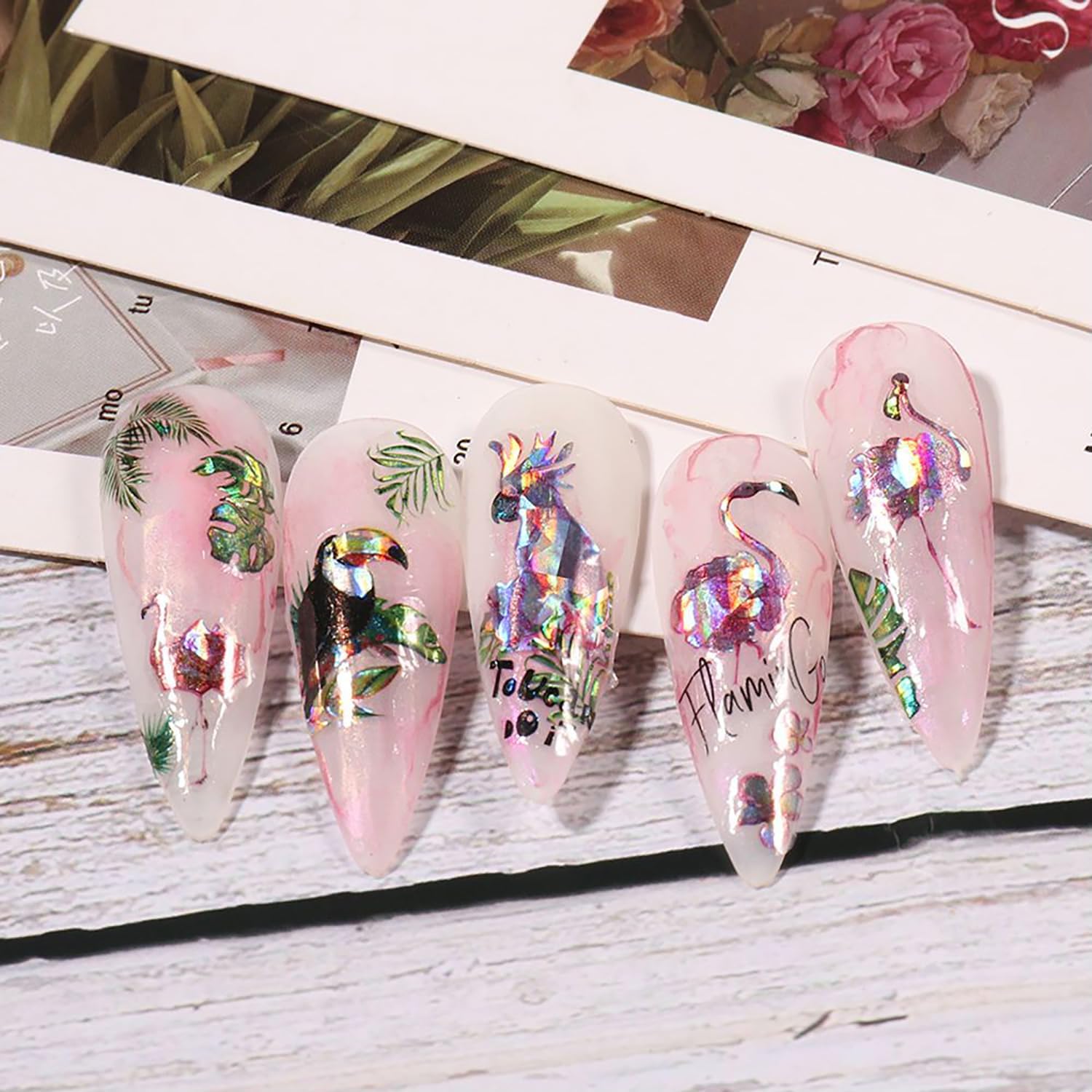 8 hojas de calcomanías de arte de uñas de flores de animales, calcomanías autoadhesivas 3D de mariposas, pavo real, suministros de arte de uñas,