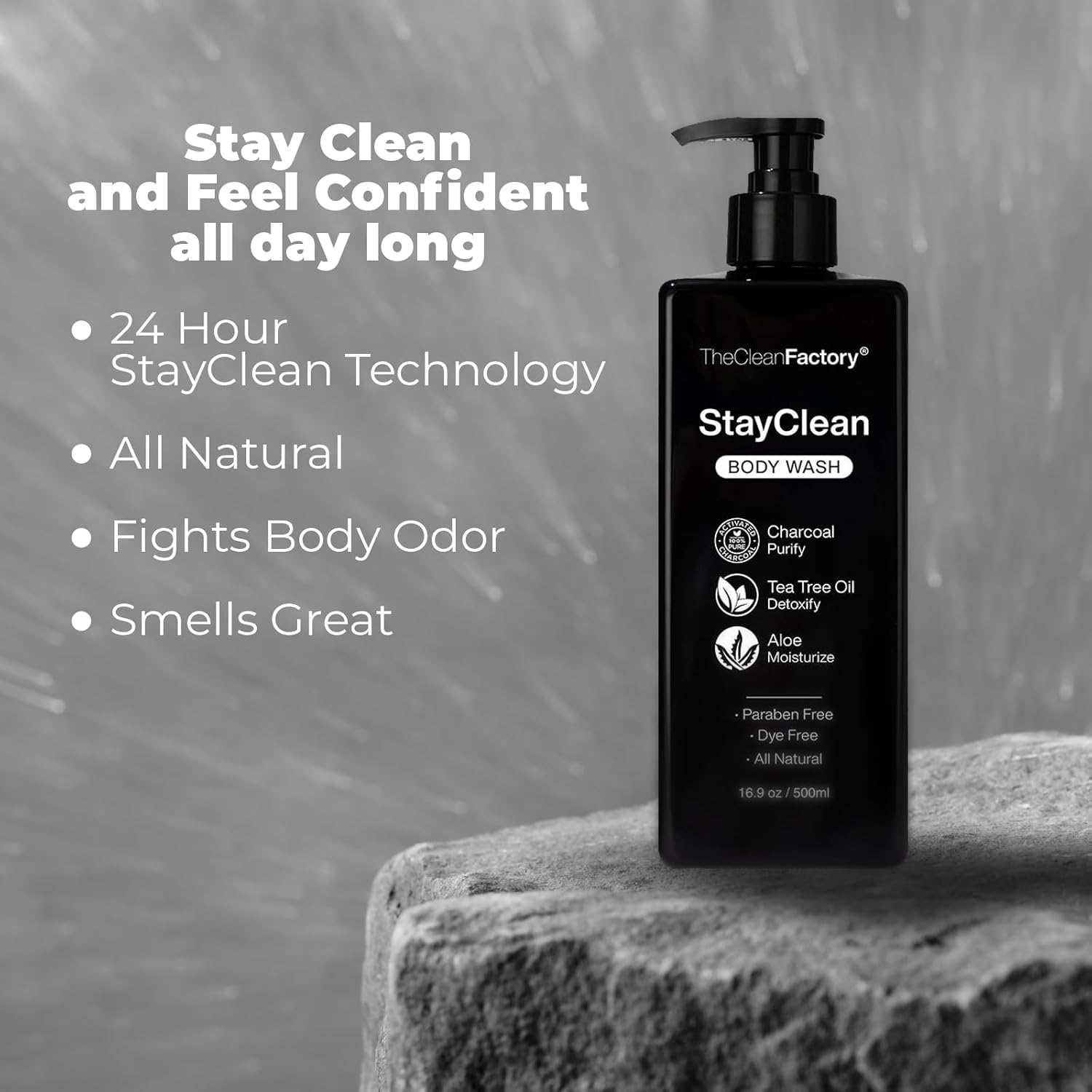 The Clean Factory StayClean Gel de baño para hombre con tecnología hidratante StayClean las 24 horas. Árbol de té de carbón activado y aloe. Jabón
