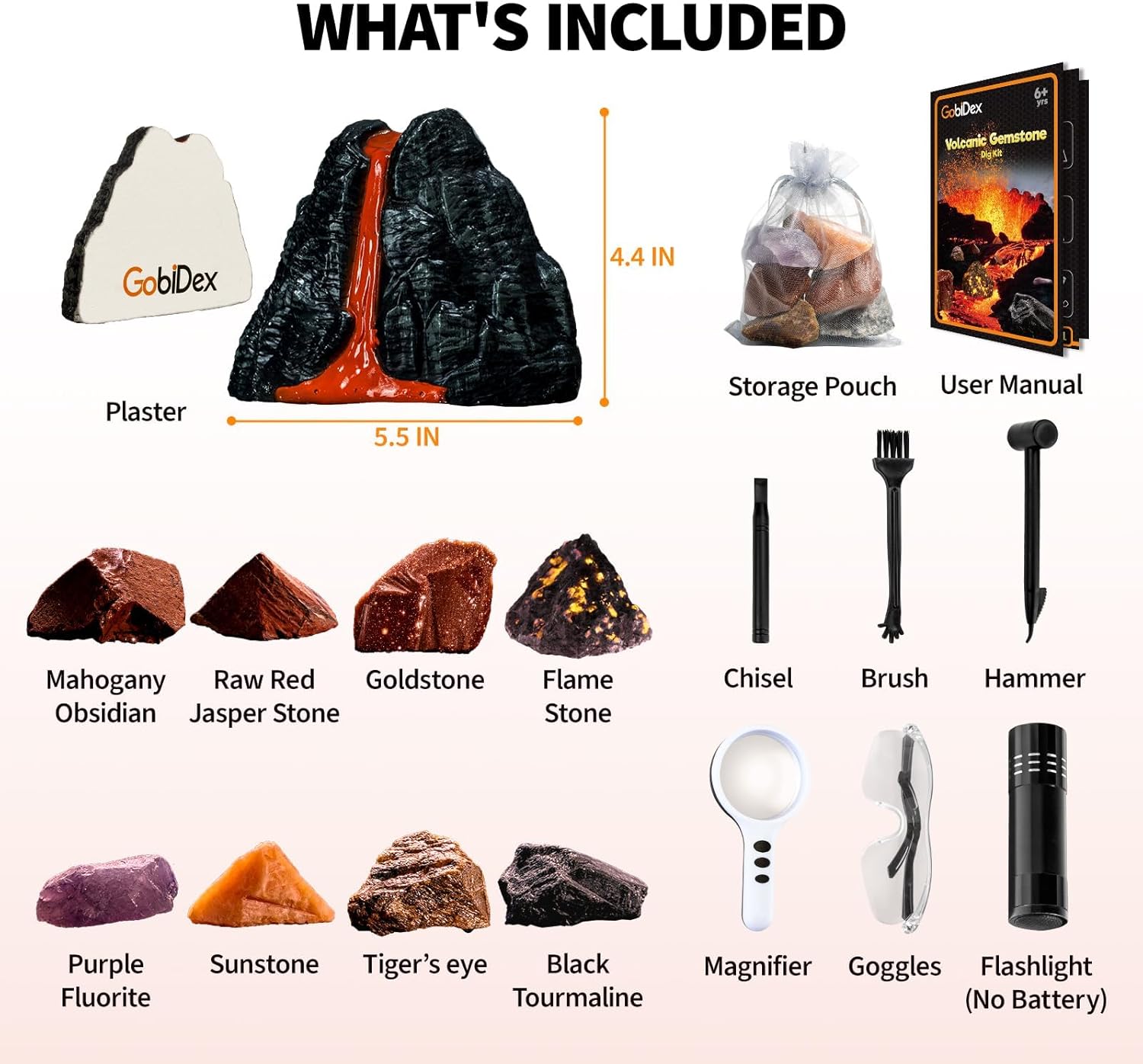 GobiDex Kit de excavación de piedras preciosas, kits de ciencia de volcán para niños de 6 a 8 a 12 años, descubre piedras de llama brillante,