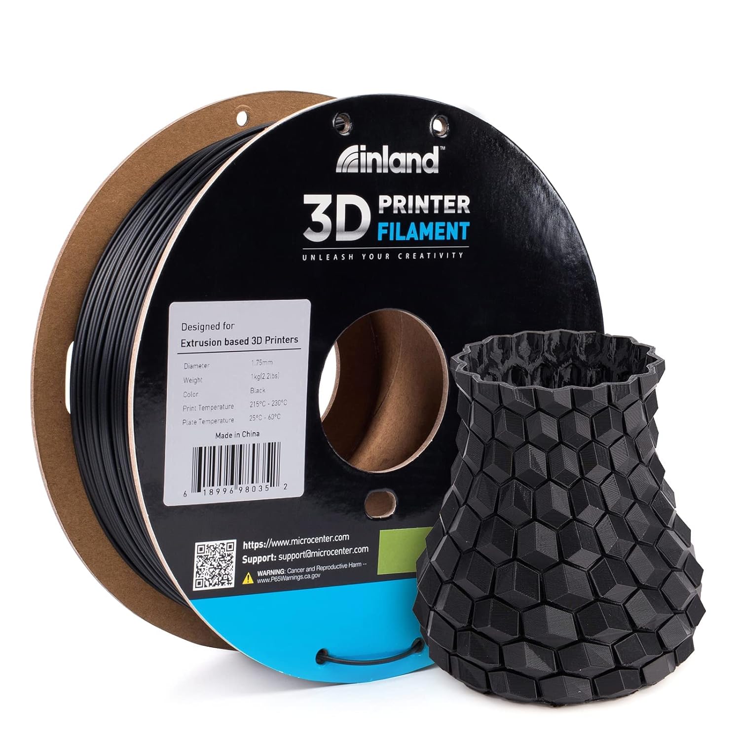Inalnd – Filamento de PLA para impresora 3D, carrete de 2.2 libras (1 kg), Negro