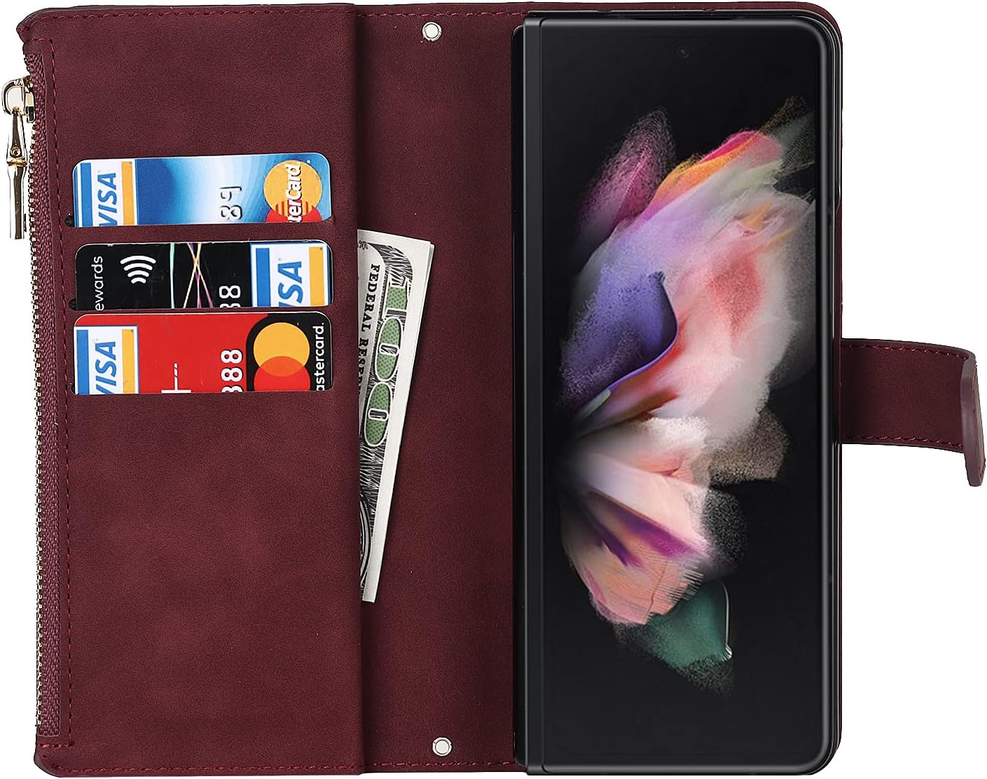 Funda para Galaxy Z Fold 4, funda tipo cartera con soporte para bolígrafo S, 9 tarjeteros, 1 billetera con cremallera, 2 ranuras para efectivo,