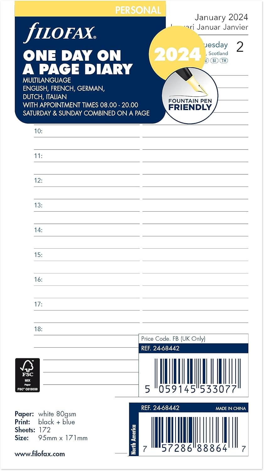 Filofax Calendario de recambio de diario, tamaño personalcompacto, día en una página con citas, a rayas, papel blanco, multilingüe cinco idiomas,