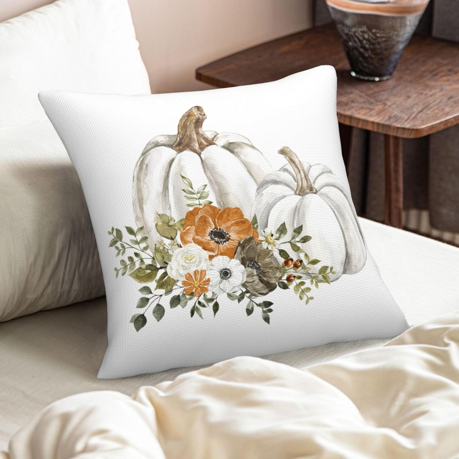 Juego de 2 fundas de almohada decorativas de otoño de 16 x 16 pulgadas, diseño de calabazas grises y blancas, flores naranjas, cosecha de Acción de