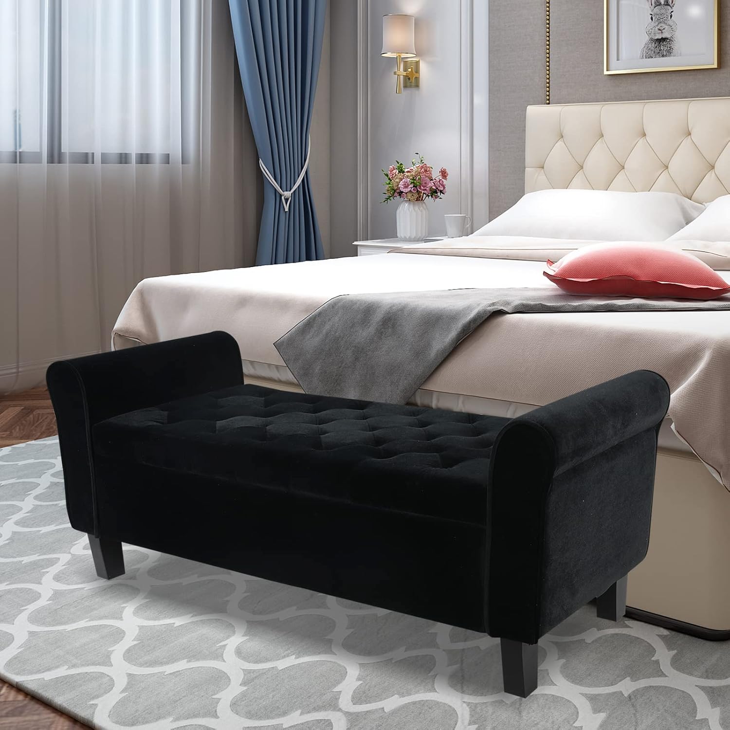 ECOMEX Banco de almacenamiento para el extremo de la cama, banco de terciopelo para dormitorio con almacenamiento, banco de ventana con brazo