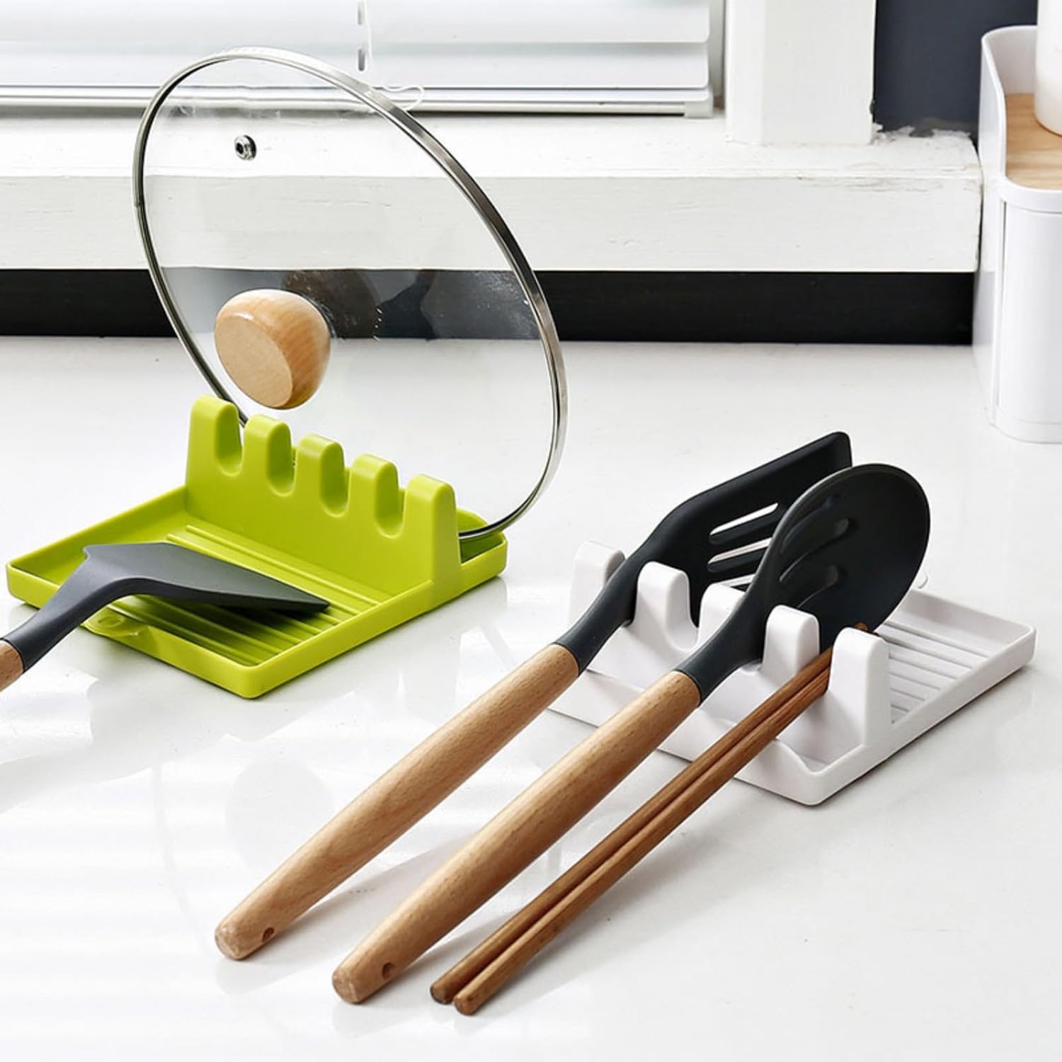 Soporte para cucharas, utensilios de cocina y cuchara de plástico con almohadilla de goteo profunda y soporte para tapa de olla, sin BPA y