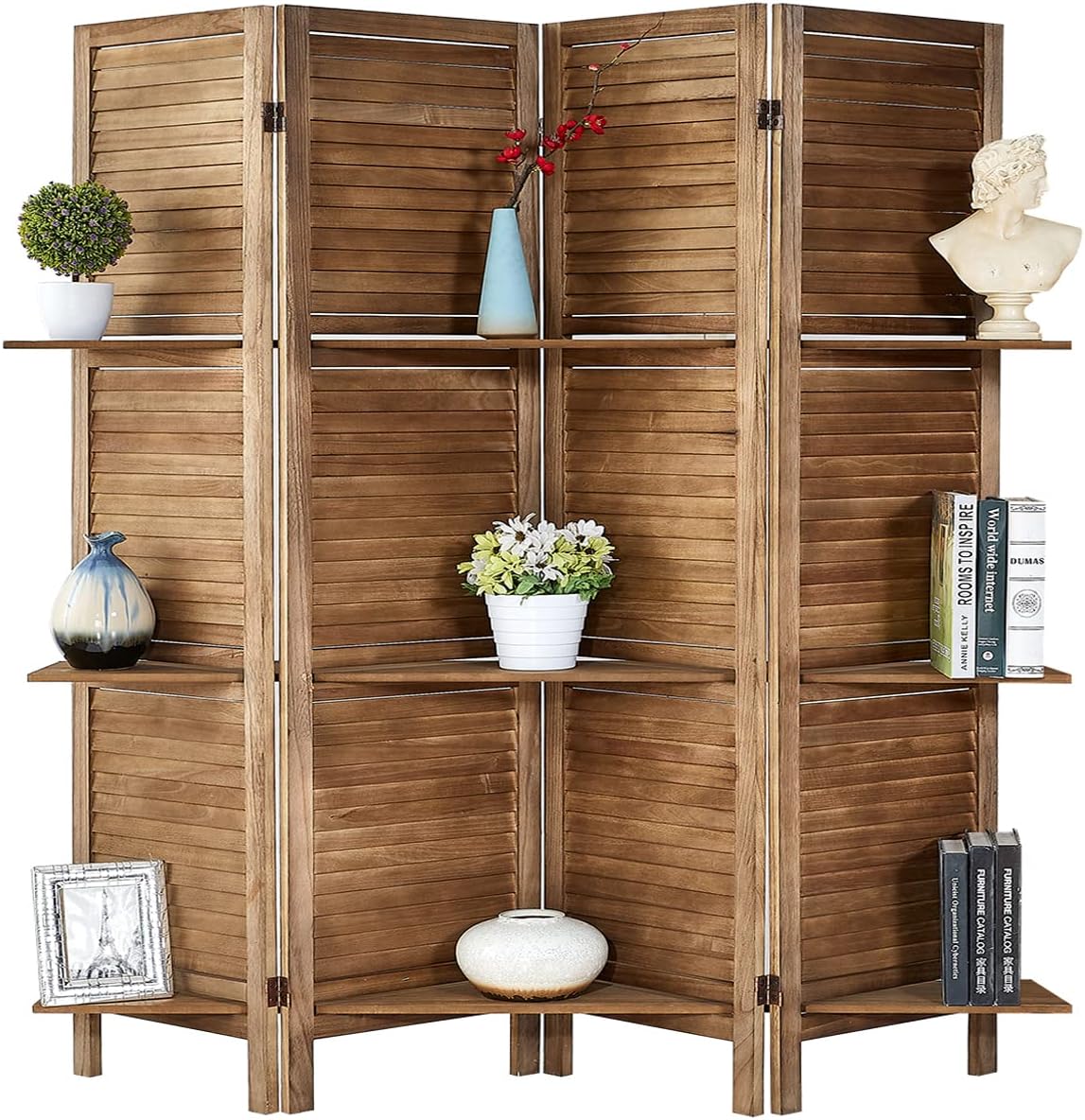 ROSE HOME FASHION Divisor de habitación de madera de 4 paneles de 5.6 pies, paneles de pantalla de privacidad plegables de madera, divisor de