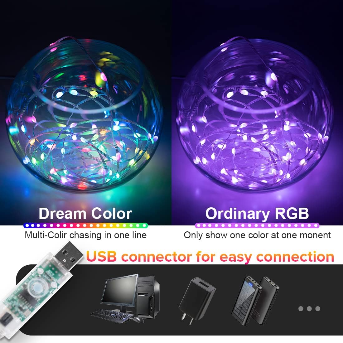 WS2812B – Guirnalda de luces inteligentes de 33 pies, USB, Bluetooth, con temporizador y control remoto, sincronización de música, modos divertidos,