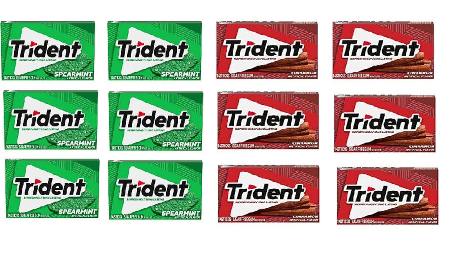 Trident – 6 chicles de mascar de menta verde y 6 canela, sin azúcar, paquete de 12