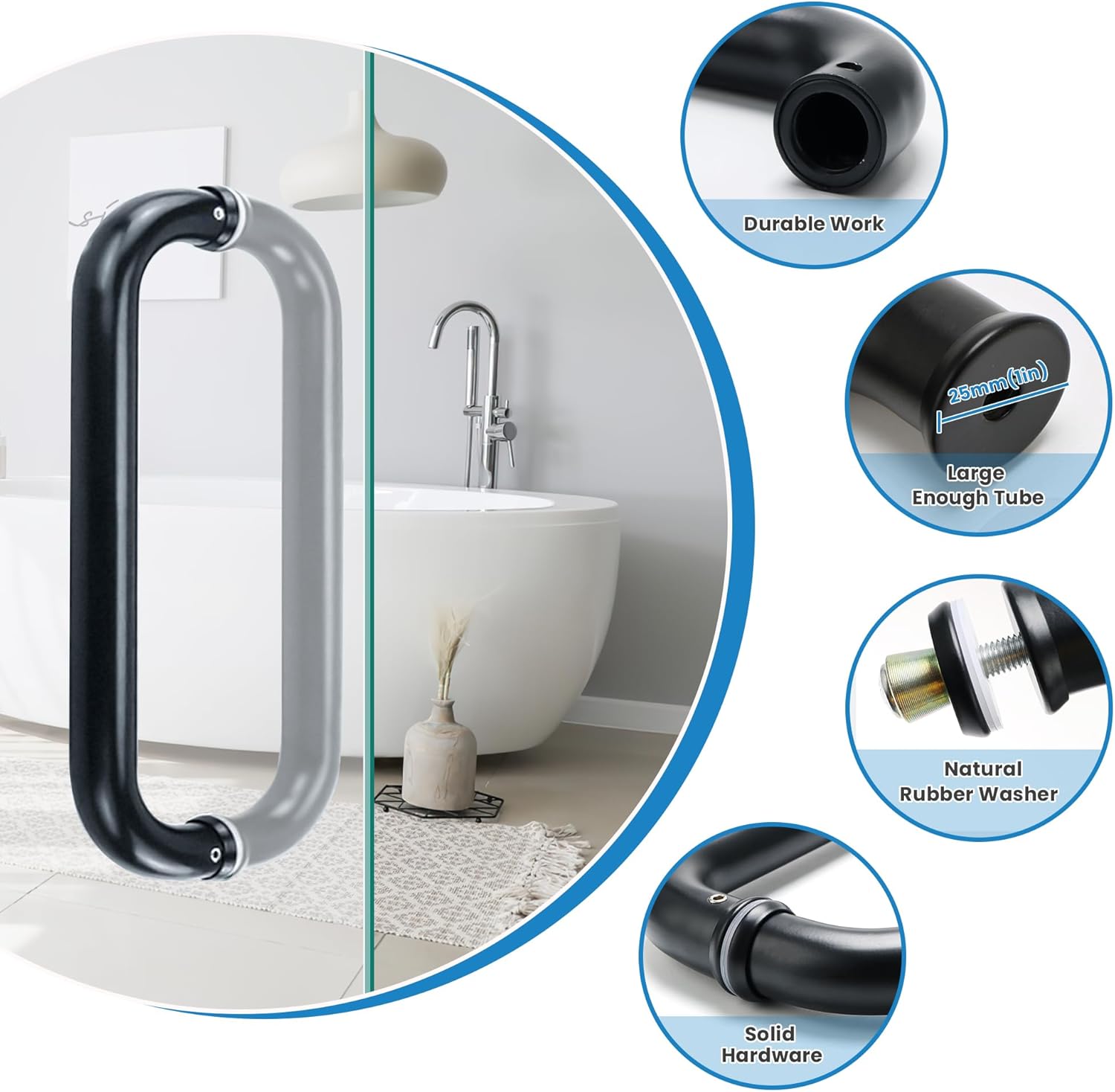 Alise Manija de puerta de ducha, tirador de puerta corrediza de vidrio para ducha, barra tubular de vuelta a atrás para puertas de baño, piezas de