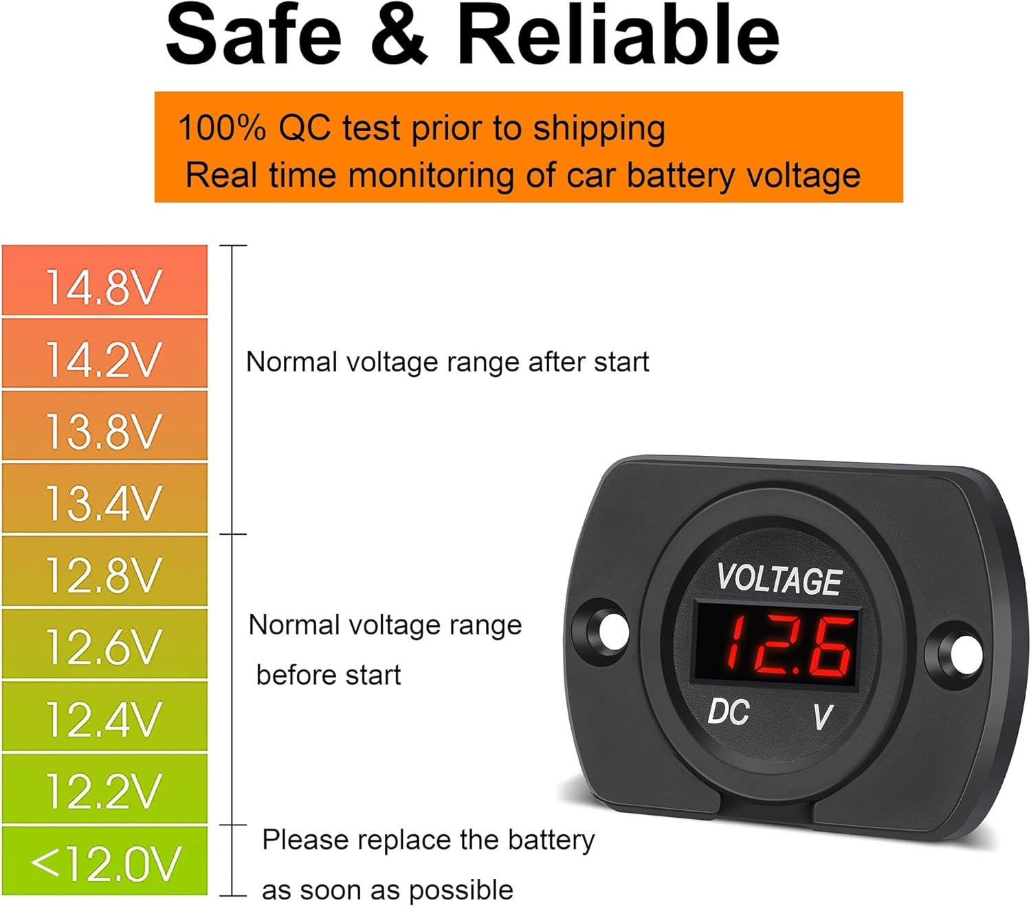 CrocSee Paquete de 2 voltímetros de automóvil CC de 12 V 24 V, impermeables, panel digital LED, medidor de voltaje redondo con terminales para