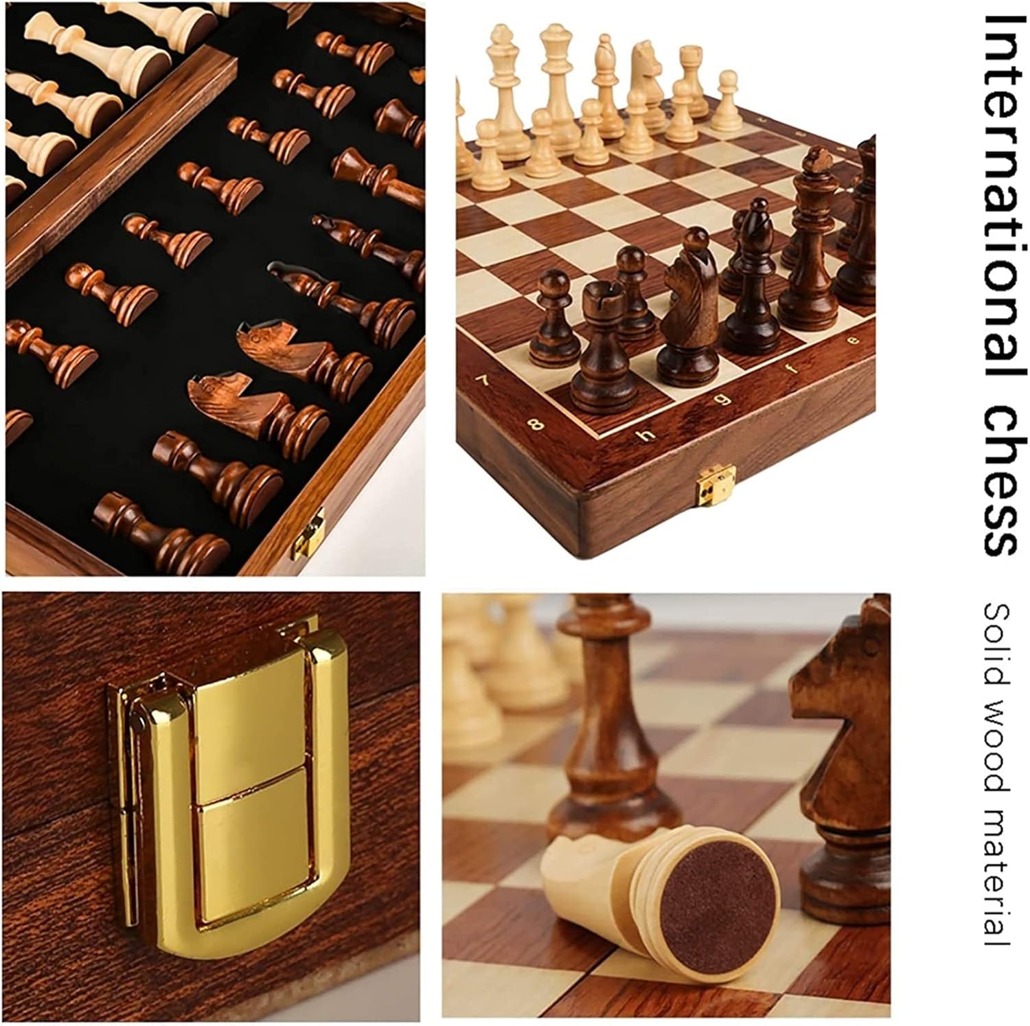 Juego de ajedrez de 15 x 15 pulgadas, juego de ajedrez de madera de nogal con incrustaciones con tablero de ajedrez plegable, piezas de ajedrez