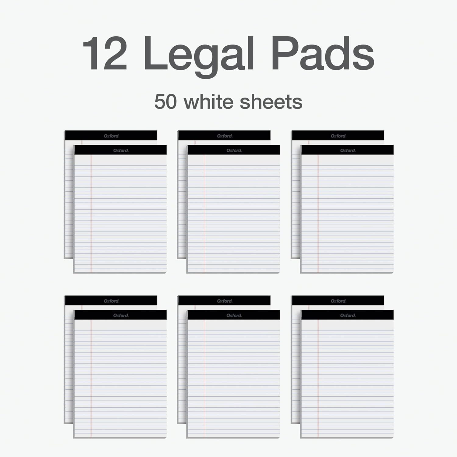 Oxford Bloc de notas legales de 8.5 x 11, paquete de 12, rayas anchas, papel blanco, 50 hojas por bloc de escritura, fabricado en los Estados Unidos