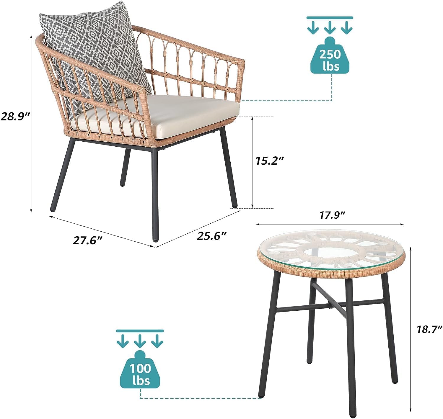 Yangming Juego de muebles de patio de 3 piezas para conversación al aire libre con mesa de centro templada y sillas de mimbre para jardín, balcón,
