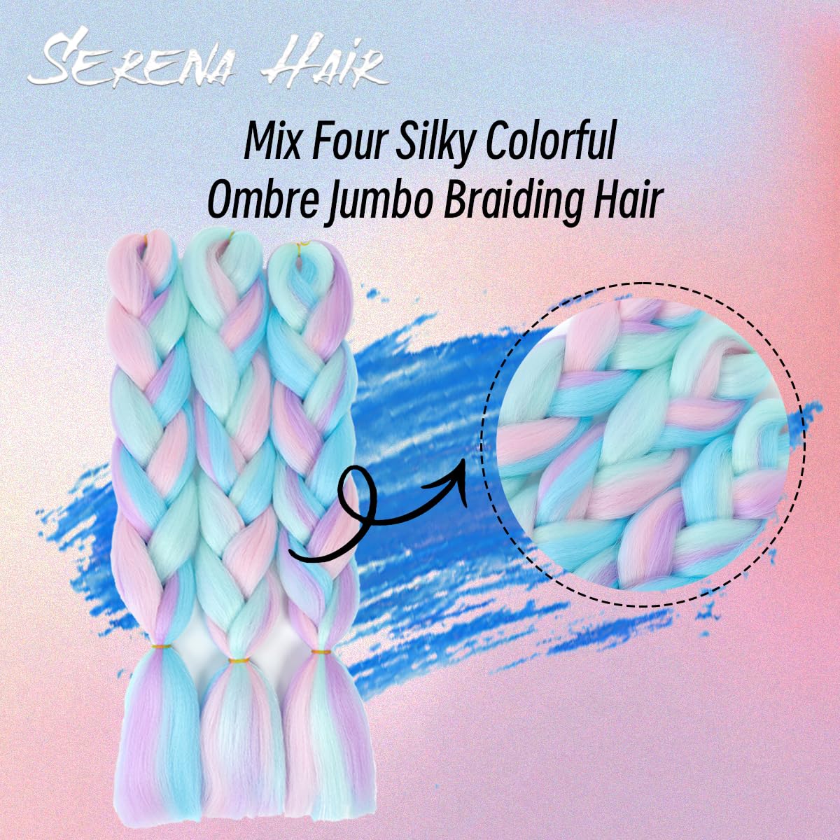 Cabello trenzado de mezcla de fibras sintéticas sedosas, tamaño jumbo, colores de arcoíris azul, morado claro y rosa, extensiones de cabello