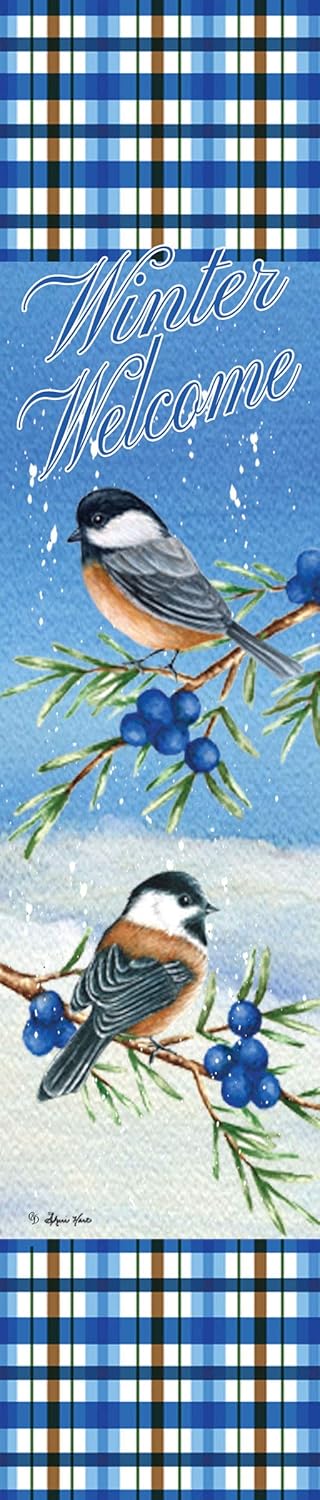 CUSTOM DECOR, INC. Winter Welcome Chickadees – Letrero de expresión de patio, letrero de PVC de 6 x 30 pulgadas, con licencia, marca registrada,
