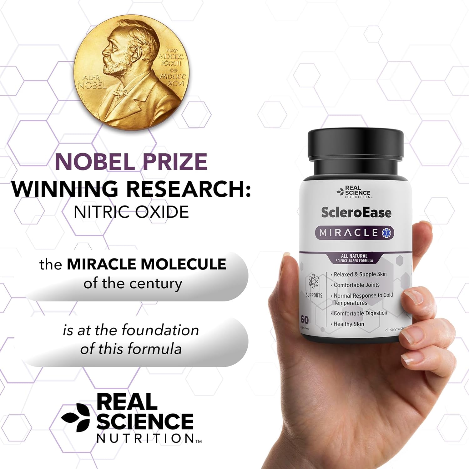 Real Science Nutrition ScleroEase Miracle ofrece alivio a las personas que sufren de esclerodermia, apoyando la piel flexible y flexible, movimiento