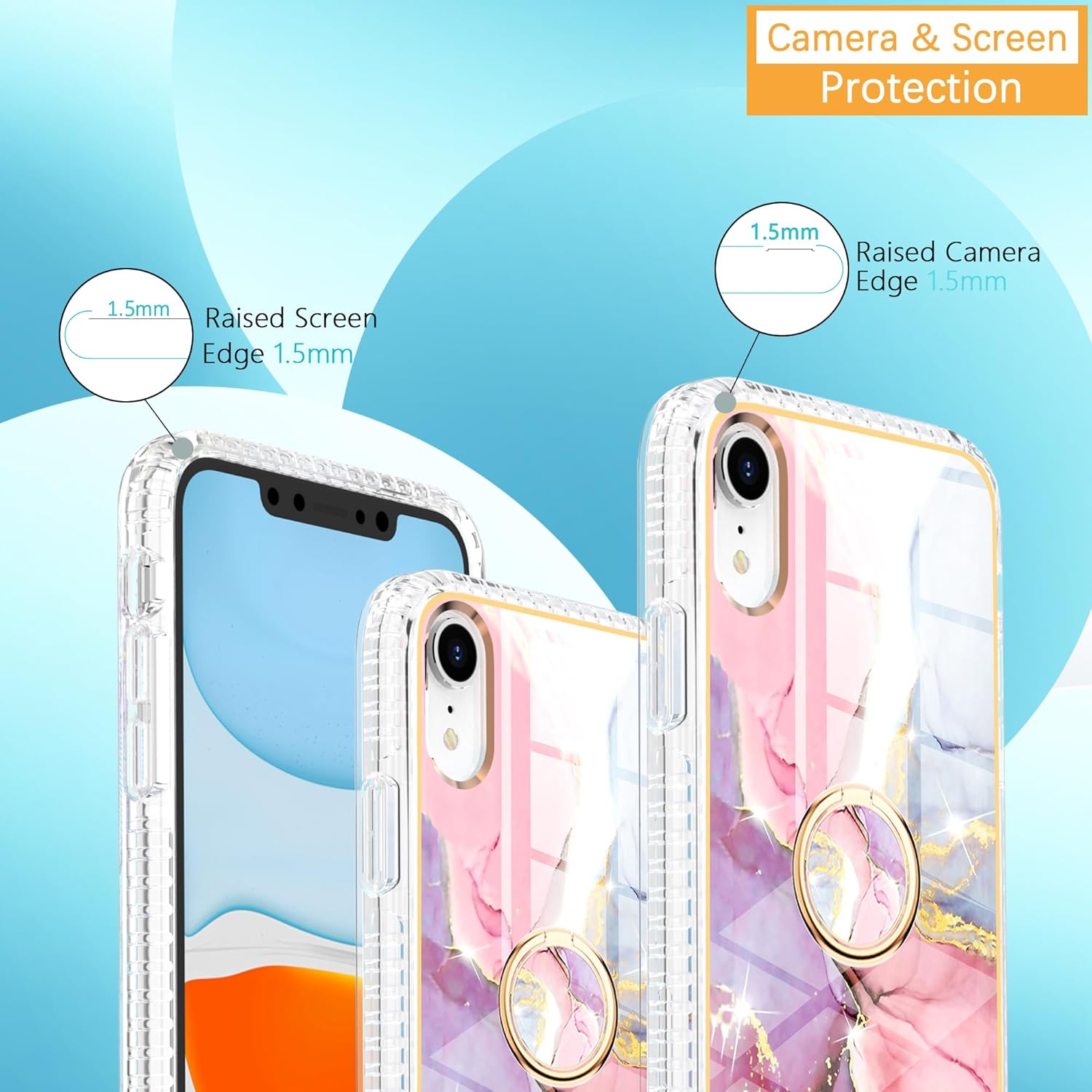 Asuwish Funda de teléfono para iPhone XR 6.1 con protector de pantalla y soporte de anillo de mármol, a prueba de golpes, TPU silicona, resistente