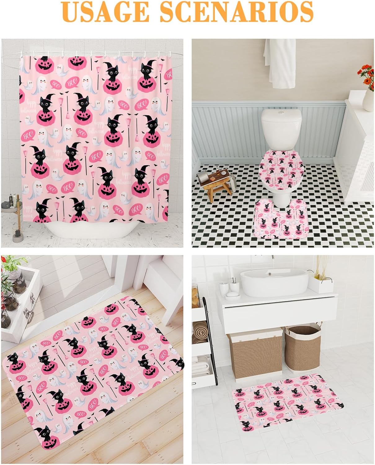 Juego de baño de Halloween con cortina de ducha y accesorios  36 x 72 pulgadas de largo, cortina impermeable con alfombra de baño pequeña, alfombra