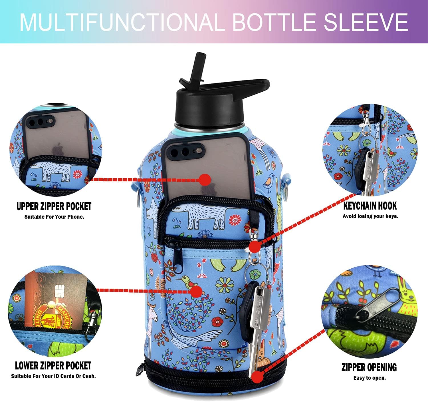 Botella de agua grande de medio galón64 onzas aislada con popote, funda y 2 tapas, jarra de agua de acero inoxidable con boca ancha, termo de metal
