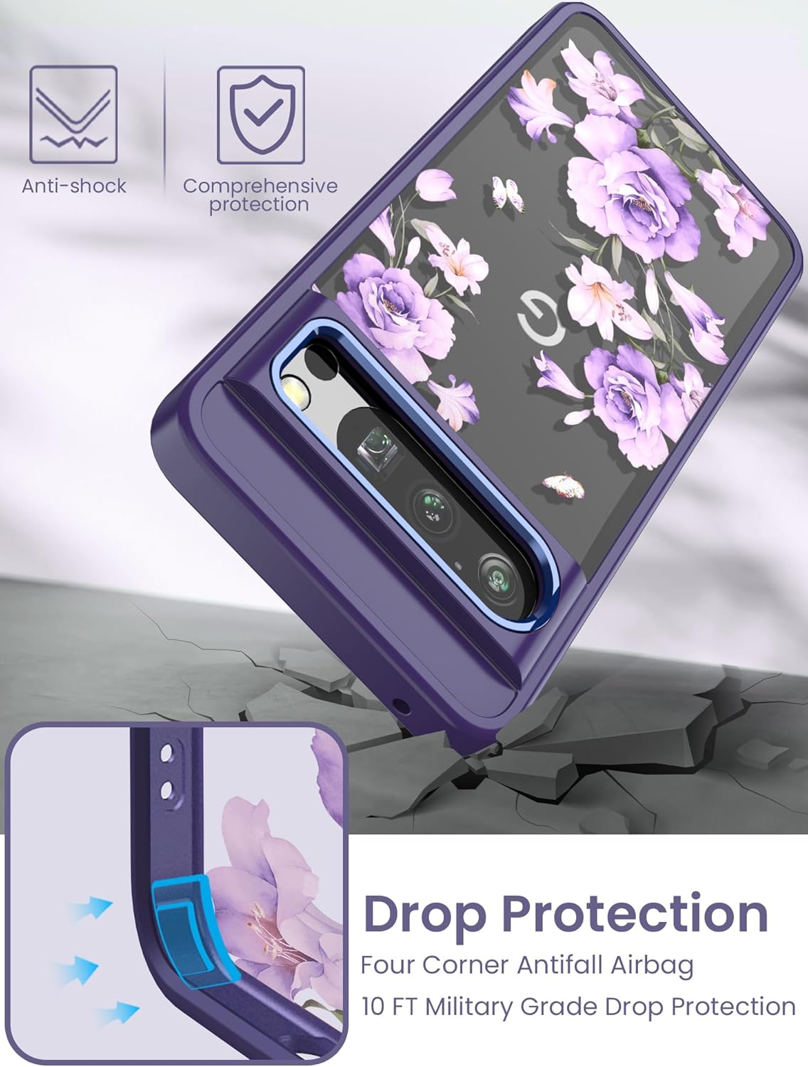 Funda para Pixel 8 Pro, Google 8 Pro protección de grado militar TPU suave y delgada y policarbonato duro, fundas con patrón de flores transparentes