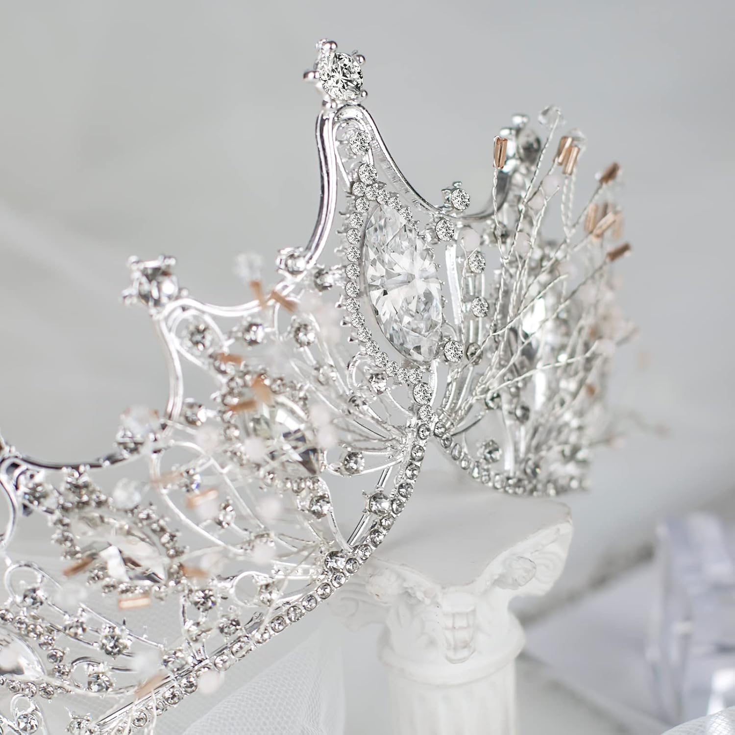 Yolmina Corona barroca de reina, corona de boda plateada y tiara para novia, hecha a mano, diadema de diamantes de imitación de cristal de princesa