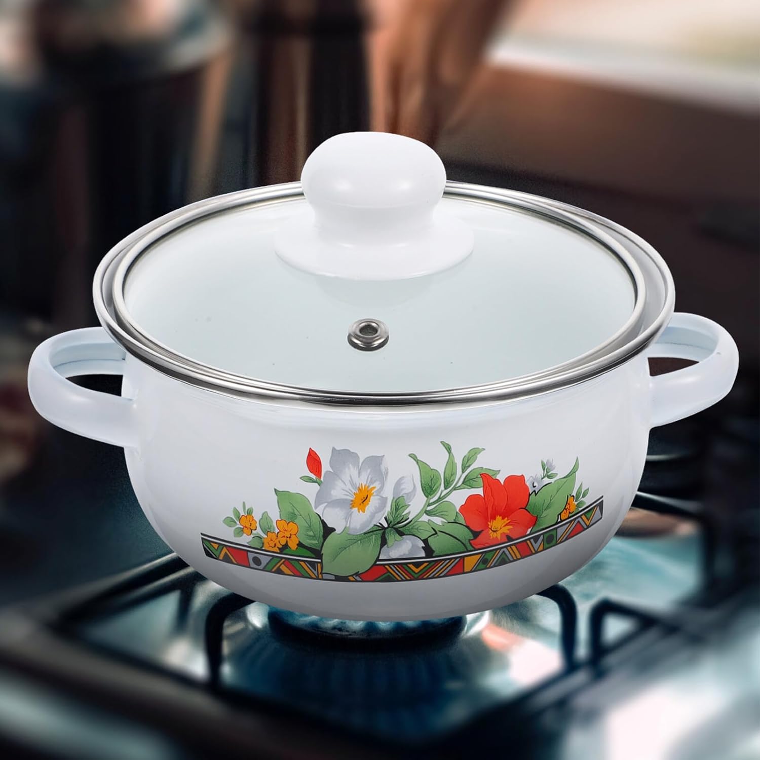 UPKOCH Olla de cocina esmaltada con tapa, olla de cocina retro antiadherente, olla de sopa floral a fuego lento para inducción, olla de pasta para