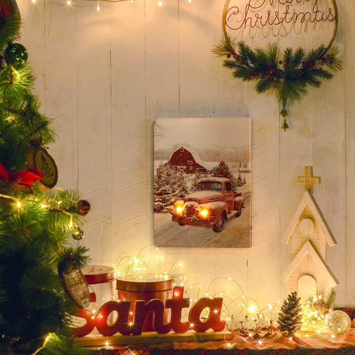 NIKKY HOME Lienzo decorativo con luz LED de Navidad de 16 x 12 pulgadas, impresiones artísticas iluminadas con luz roja, casa de granero y árbol de