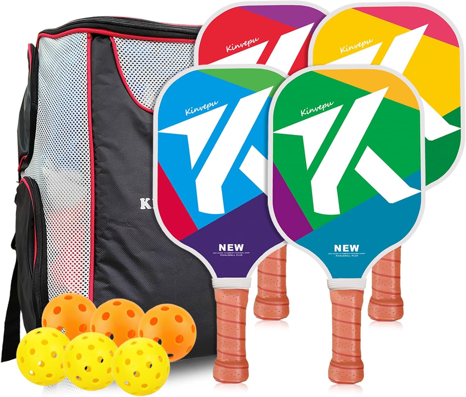 KINVEPU Juego de 4 palas de pickleball, raquetas de fibra de vidrio y accesorios para adultos, 4 bolas de pickleball, regalos para hombres y