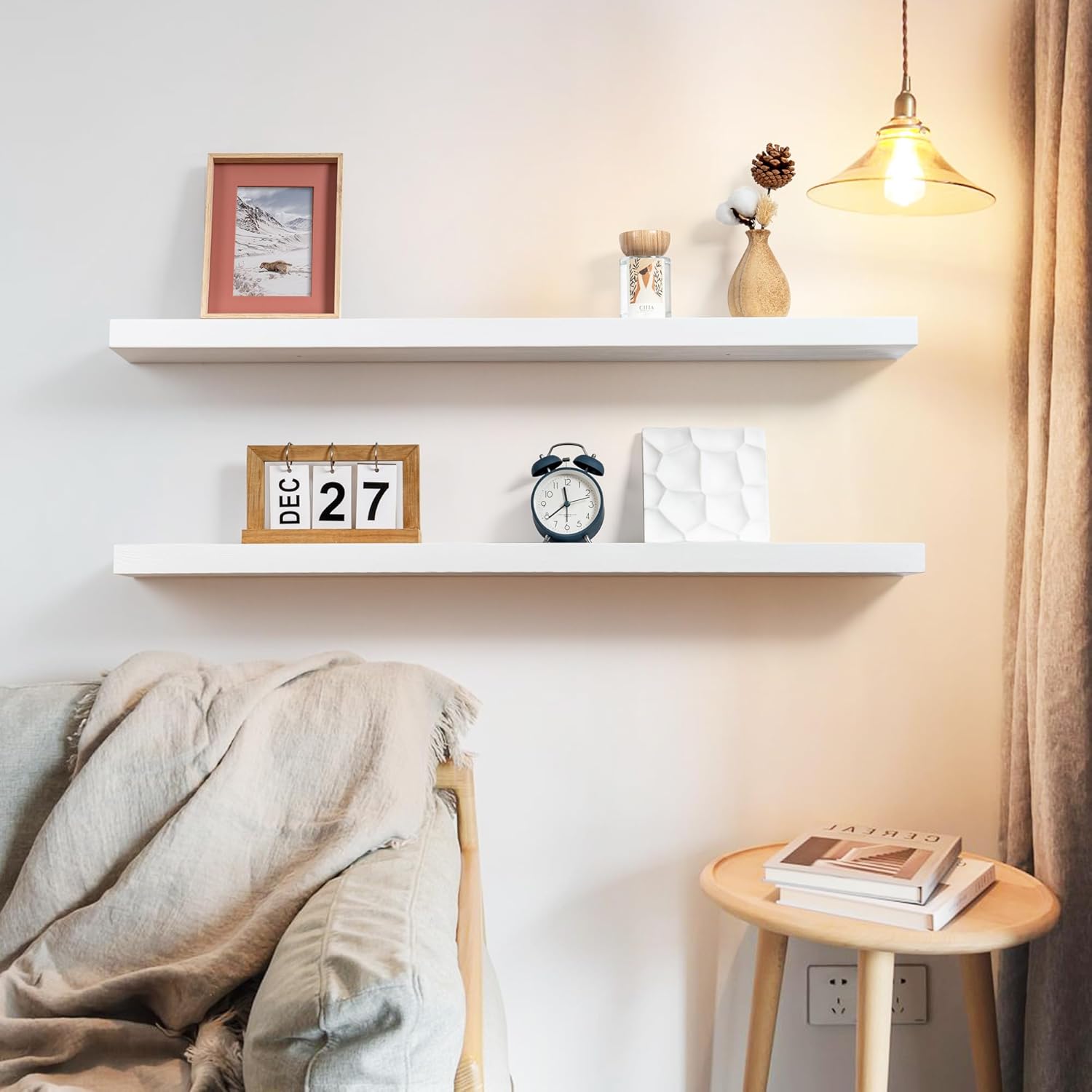 Fun Memories Estantes flotantes hechos a mano de pino europeo, juego de 2 estantes de pared de madera rústica natural, estante de almacenamiento