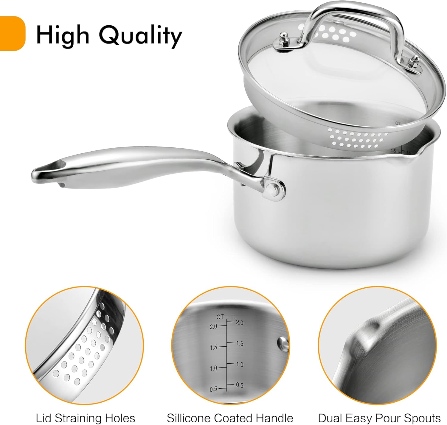 Cacerola de acero inoxidable de 3.5 cuartos de galón con tapa de colador, sartén para salsa para estufa, dos boquillas laterales para verter