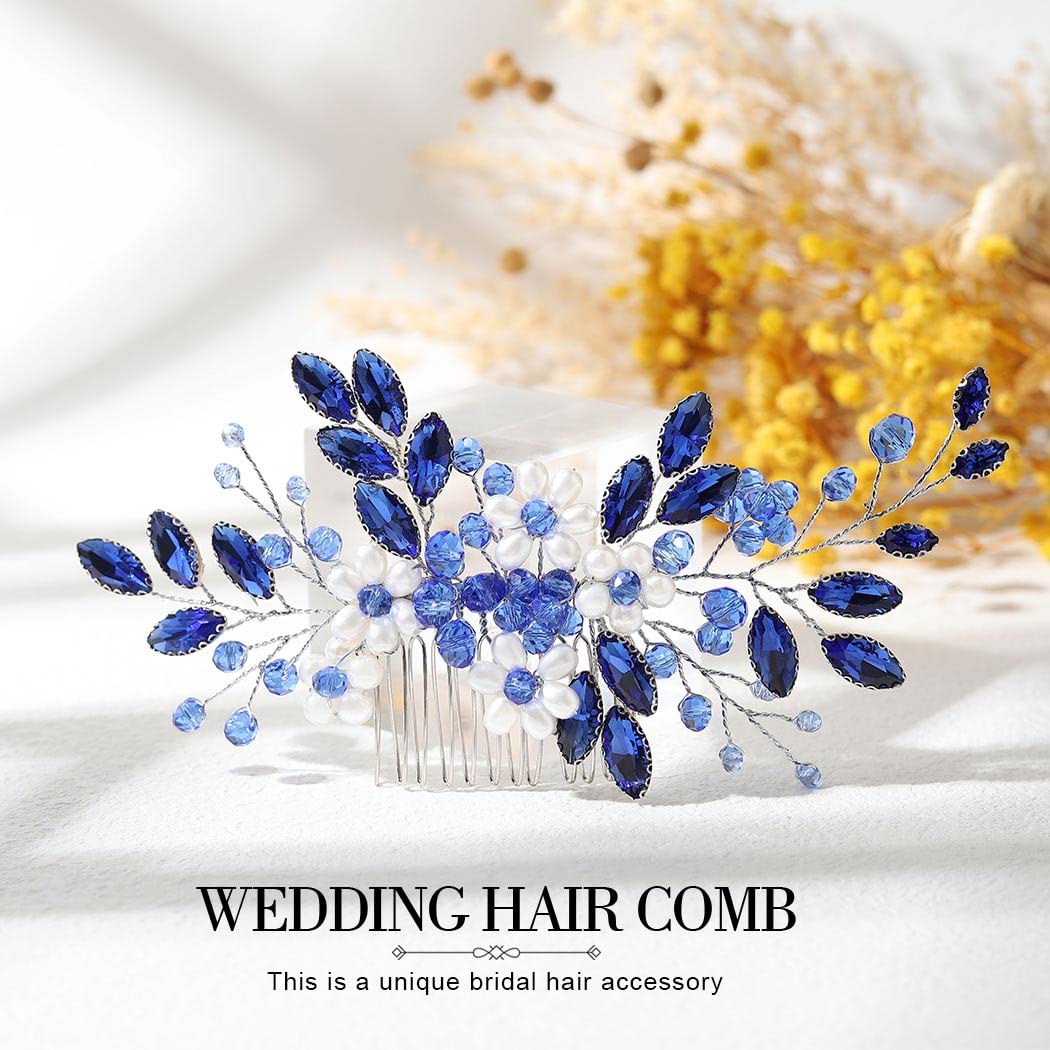 JONKY Peine para el pelo de cristal nupcial con diamantes de imitación, pieza de pelo floral con perlas laterales, accesorios para el cabello de