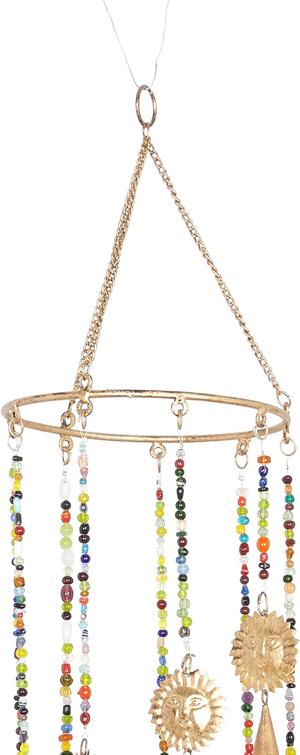 Deco 79 Carillón de viento de metal con cuentas de vidrio y campanas de cono, 7 x 7 x 28 pulgadas, dorado