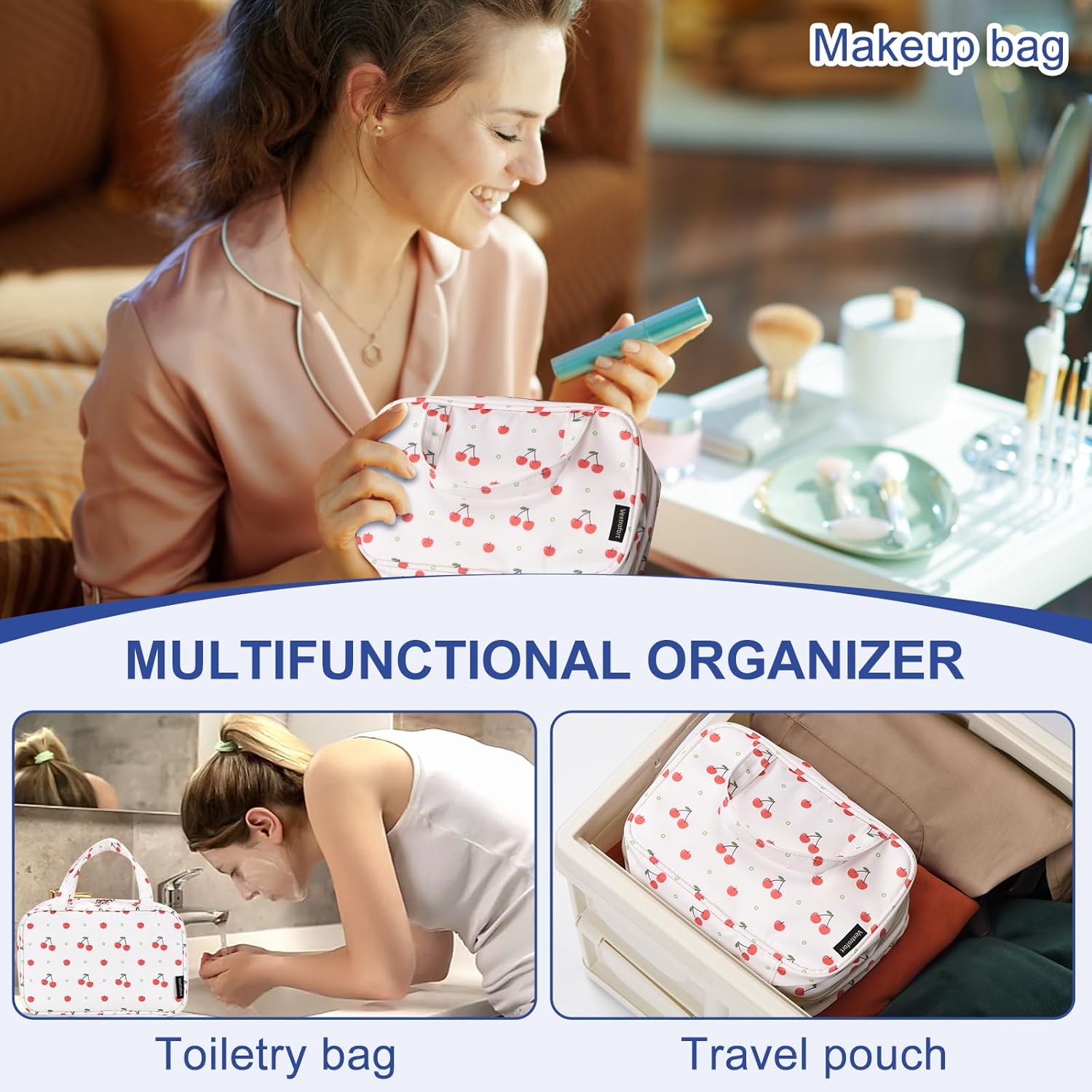 Bolsa de maquillaje, pequeñas bolsas de cosméticos de viaje portátiles para mujeres con organizador de brochas y asa, bolsa de maquillaje compacta