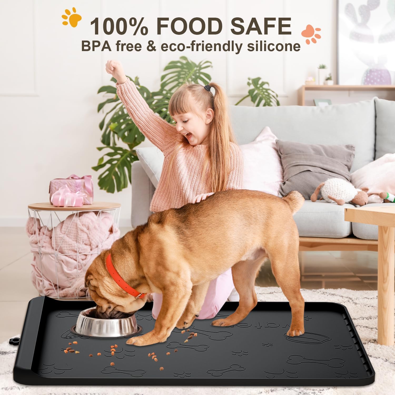 Tapete de silicona para comida y agua para perros de 28 x 20 pulgadas con bolsillo para recolección de residuos, tapete impermeable para cuenco de