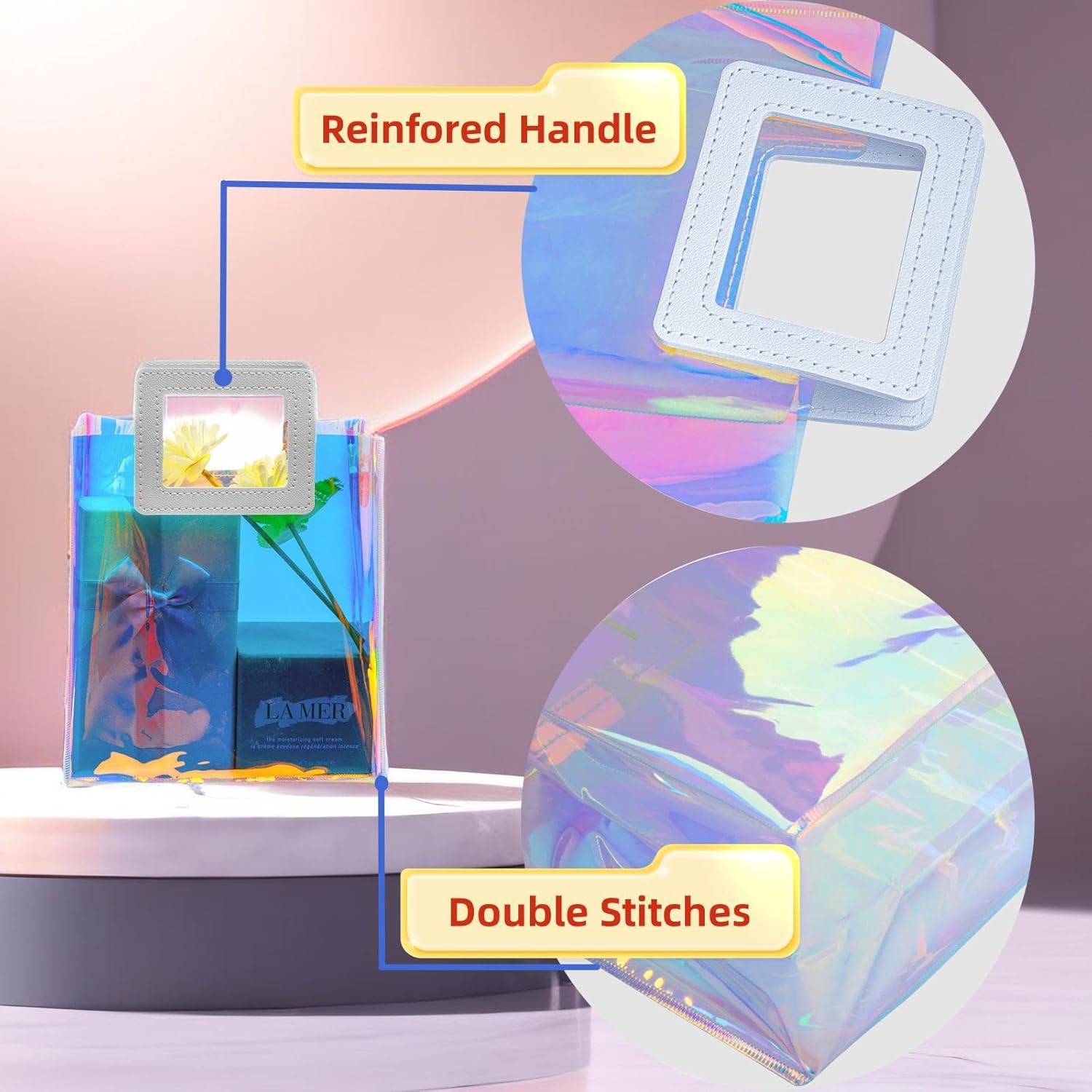 Caleihd 12 bolsas de regalo holográficas transparentes con papel de seda, bolsas de regalo de 7.9 x 7.1 x 3.9 pulgadas con asas, bolsas de regalo,