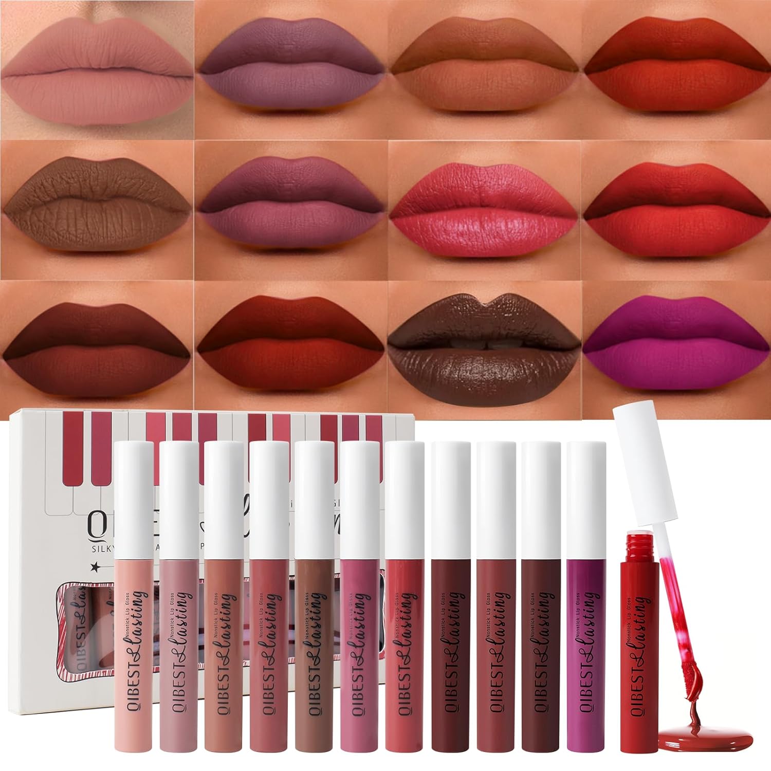 Juego de lápices labiales líquidos mate, kit de brillo labial de terciopelo de 12 colores, resistente al agua, larga duración, tinte de labios de