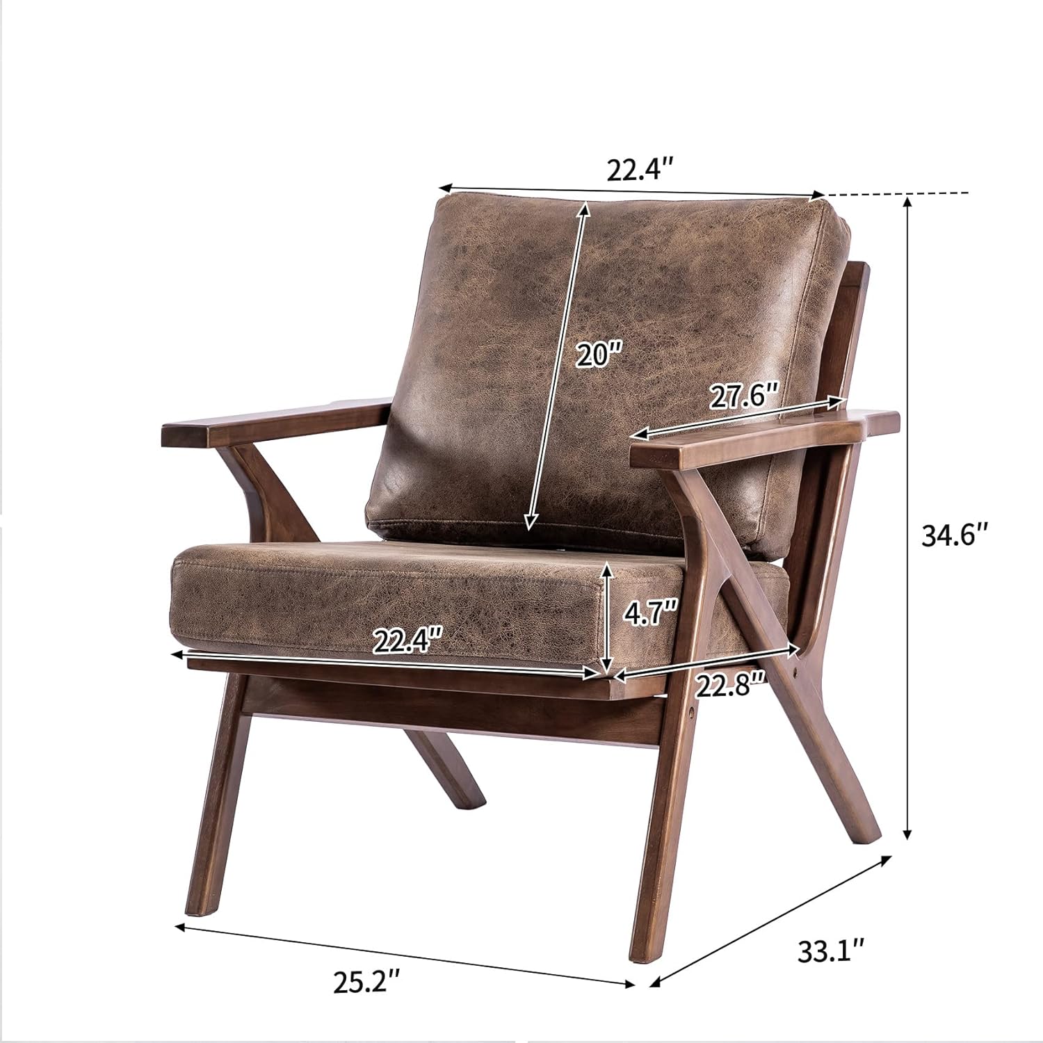 UNICOO – Silla de mediados de siglo, sillón tapizado retro, con marco de madera y cojines extraíbles, silla grande de ocio para sala de