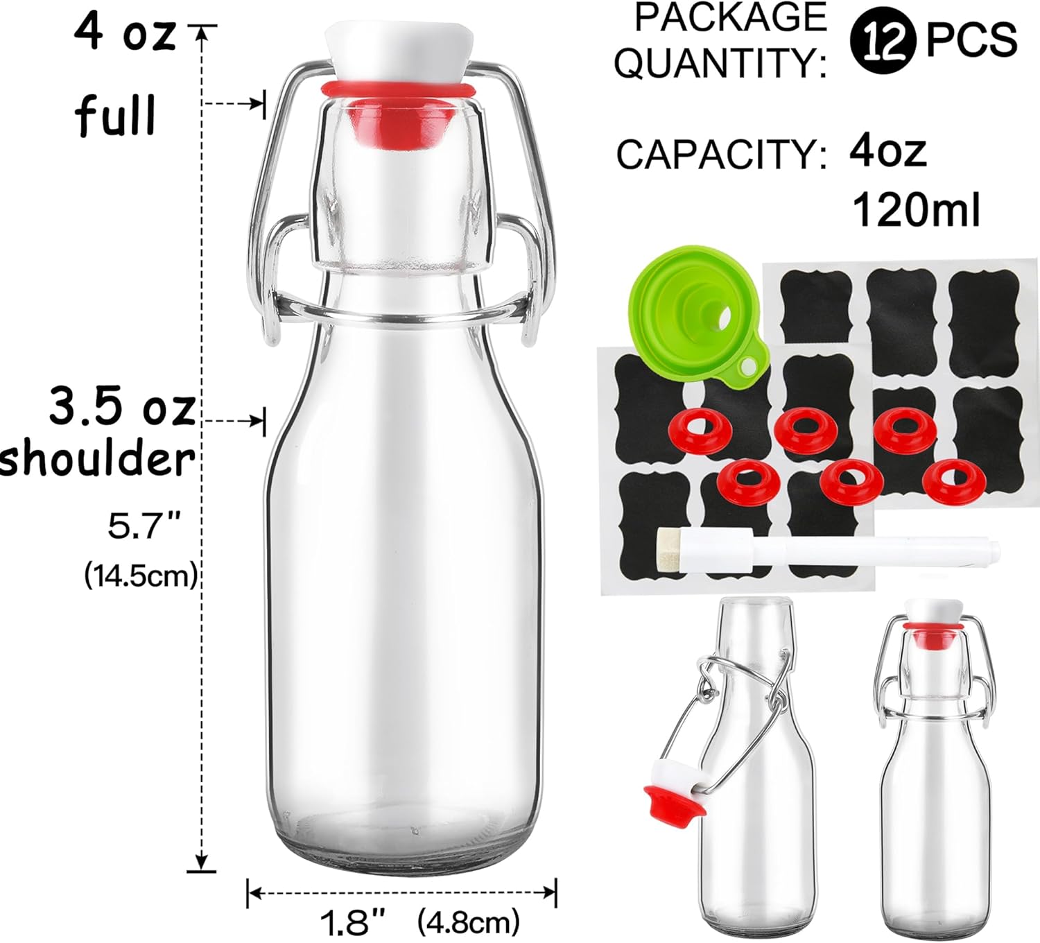 12 Pack 4 oz Swing Top Glass Bottles,Flip Top Glass bottles with airtight Caps for Home Brewing Beer,Kombucha,2nd