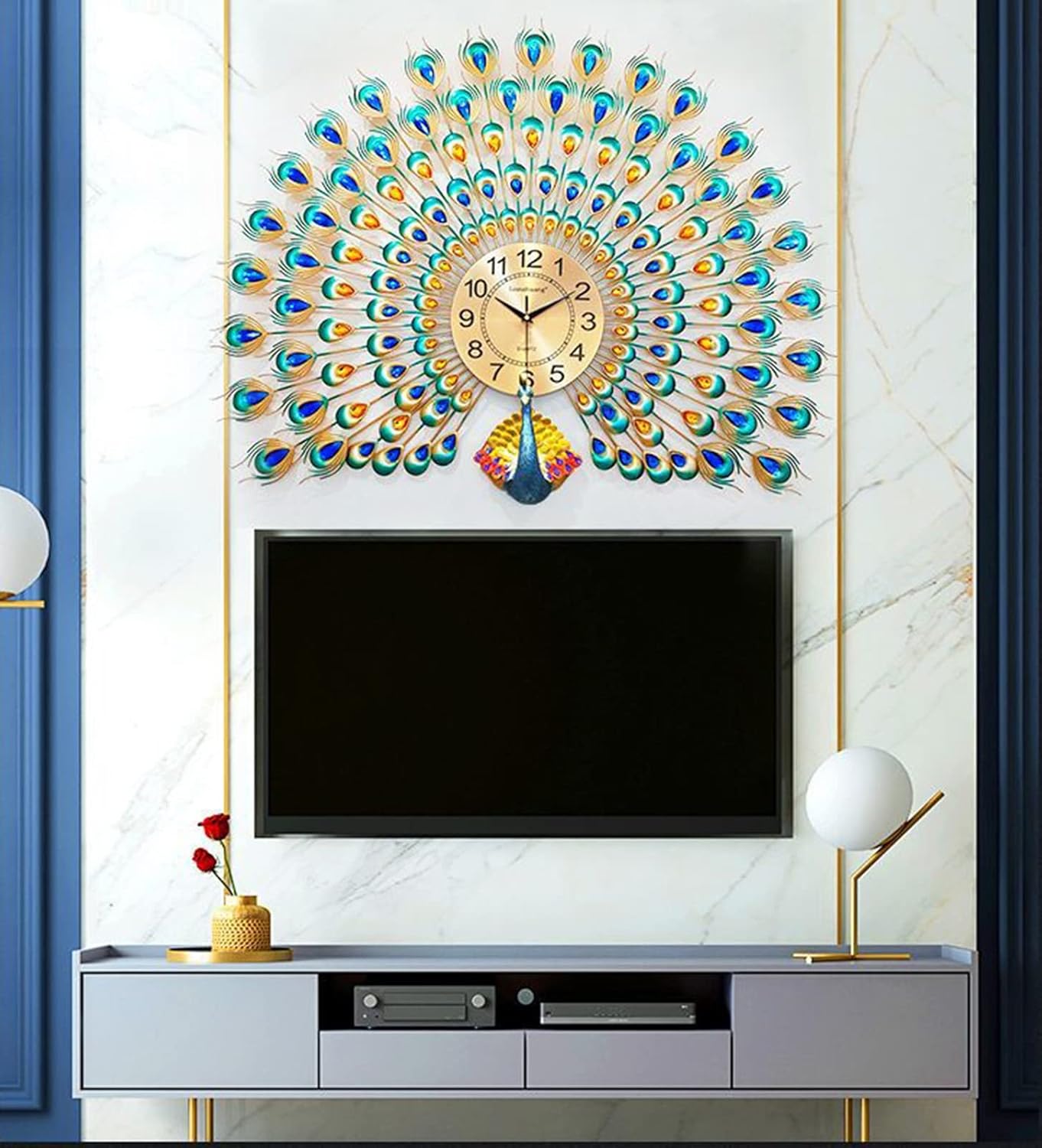 Reloj de pared grande de pavo real con diamantes de cristal, esfera de arte moderno, reloj de pared silencioso de cristal 3D, aguja de metal,