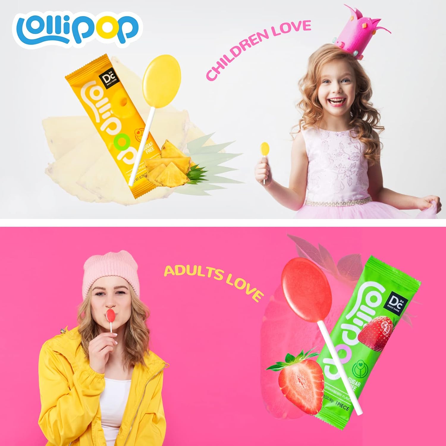 DC24 DAILY CARE Paletas sin azúcar con vitamina C, chupones saludables con xilitol, caramelo duro con sabor a fruta para niños, sin OMG, sin gluten,