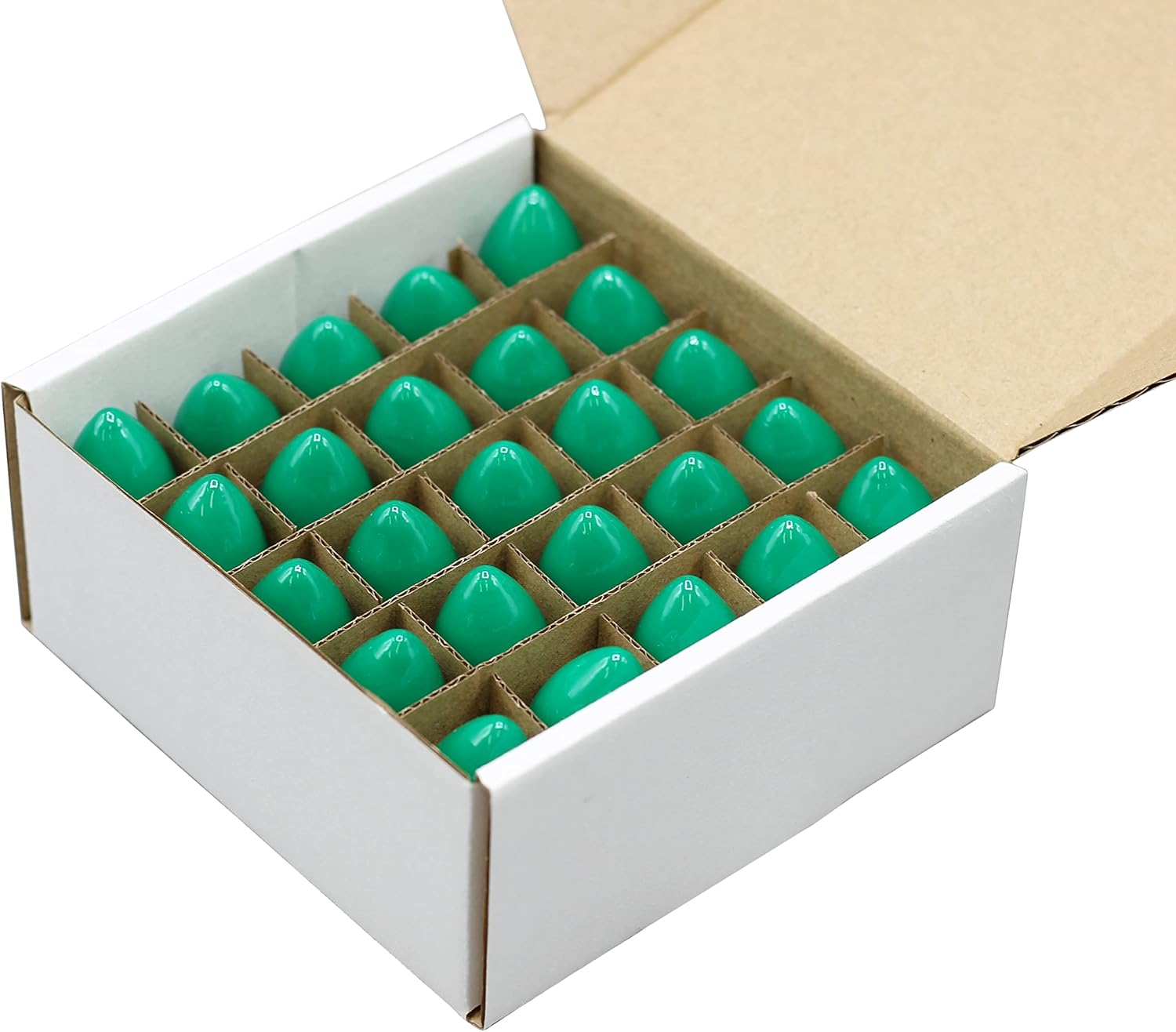 Creative Hobbies Caja de 25 bombillas  C7, combustión constante  Verde opaco  7 vatios, vida útil, base de candelabro chapada en níquel  Ideal para