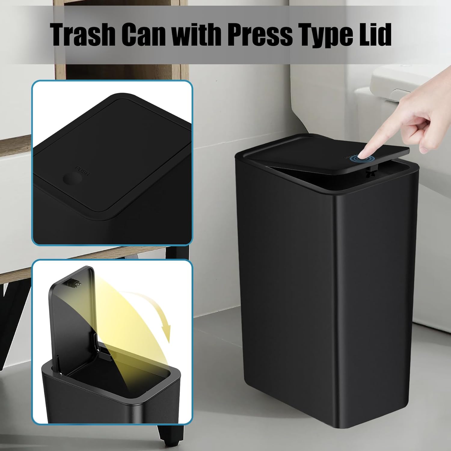 Basurero de baño con tapa, cubo de basura delgado de 10 litros2.6 galones, cesta de basura pequeña con tapa desplegable para cocina, dormitorio,