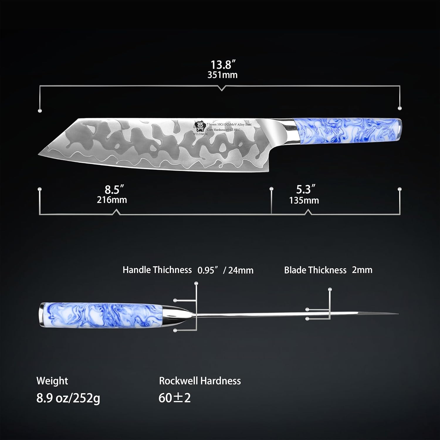 WILDMOK Cuchillo Kiritsuke de 8.5 pulgadas, 7 capas de acero revestido 10Cr15CoMoV con mango de resina de porcelana azul y blanca, cuchillos de chef