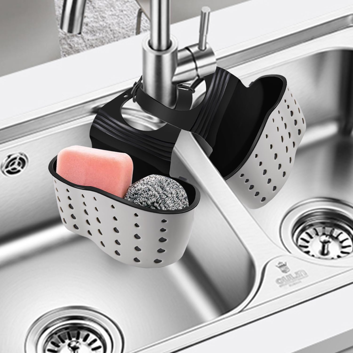 Soporte de esponja para fregadero de cocina, organizador de esponja para platos, correa ajustable, soporte de esponja con agujeros de drenaje para