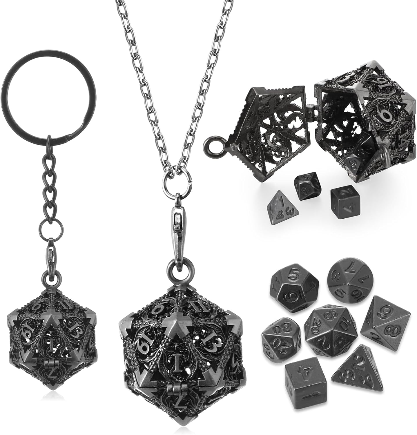 Syhood Juego de dados pequeños, 7 piezas de dados pequeños de metal, collar hueco D20, estuche de dados, llavero, juegos de mesa para juegos de rol,