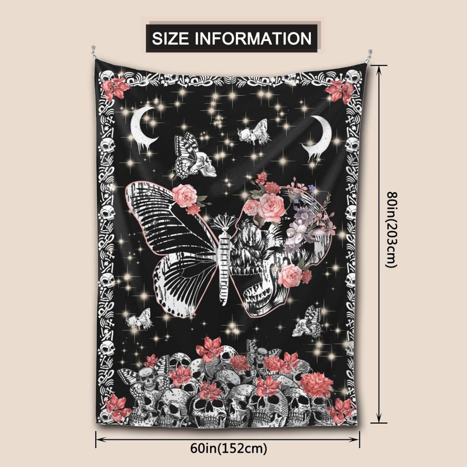 D-Story Tapiz para colgar en la pared, tapiz de calavera, esqueleto, luna, mariposa, flores, decoración del hogar, tapiz de pared de calavera, telón