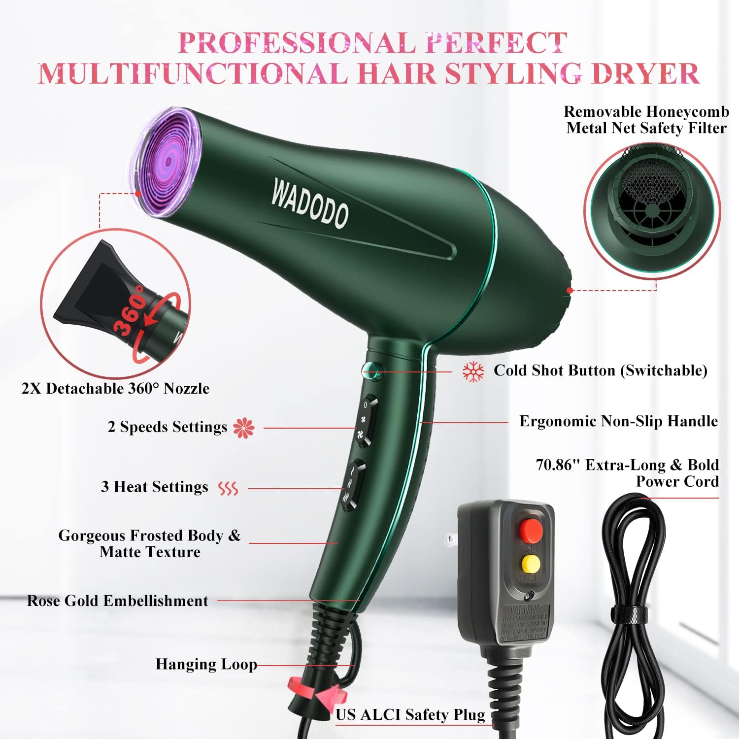 Secador de pelo iónico, secador profesional de 2200 W, secado rápido, secador de pelo de viaje, motor de CA, temperatura constante, secador de pelo